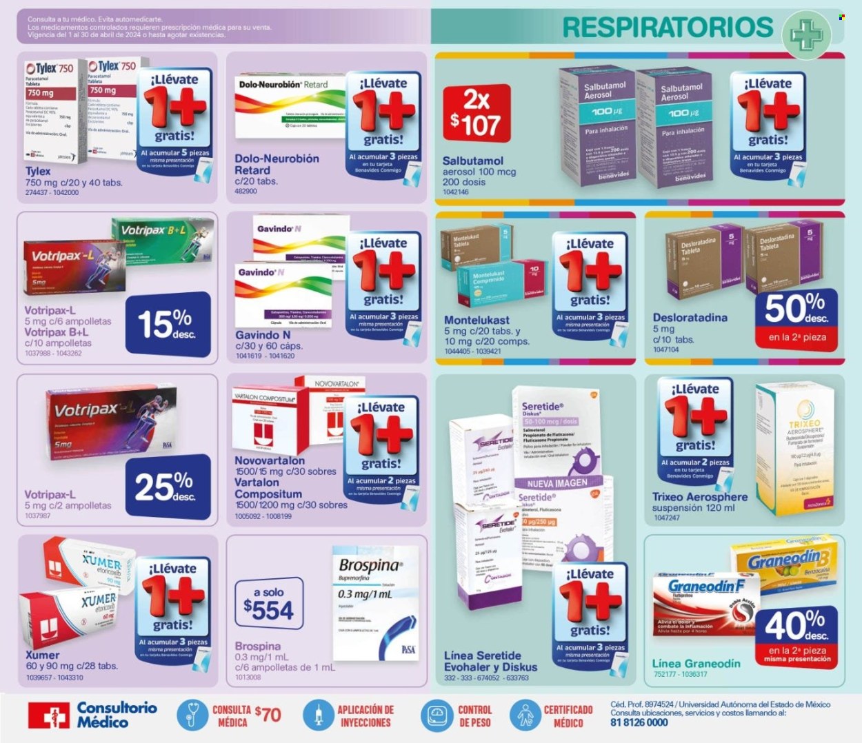 thumbnail - Folleto actual Farmacias Benavides - 1.4.2024 - 30.4.2024 - Ventas - aerosol, Paracetamol, Montelukast, tableta, fat burner. Página 7.