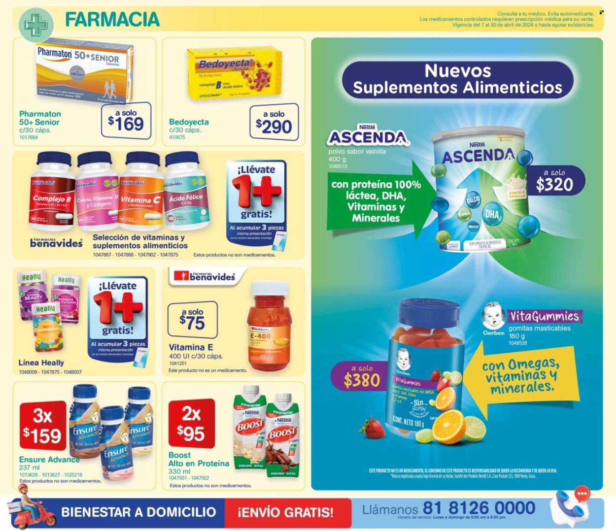 thumbnail - Folleto actual Farmacias Benavides - 1.4.2024 - 30.4.2024 - Ventas - Nestlé, Ensure, Gerber, gomitas, Calcio, Pharmaton, suplemento alimenticio. Página 8.