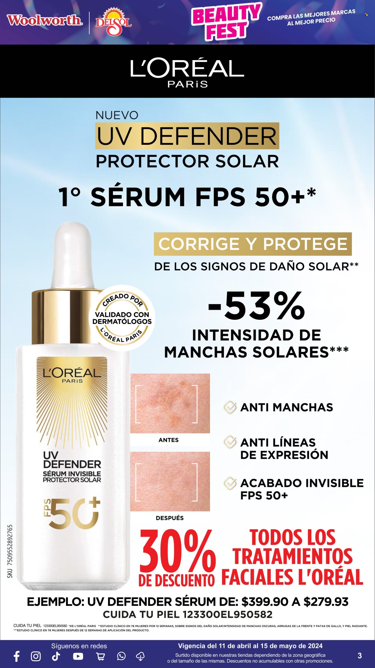 thumbnail - Folleto actual Del Sol - 11.4.2024 - 15.5.2024 - Ventas - L'Oréal, serum, protector solar. Página 3.