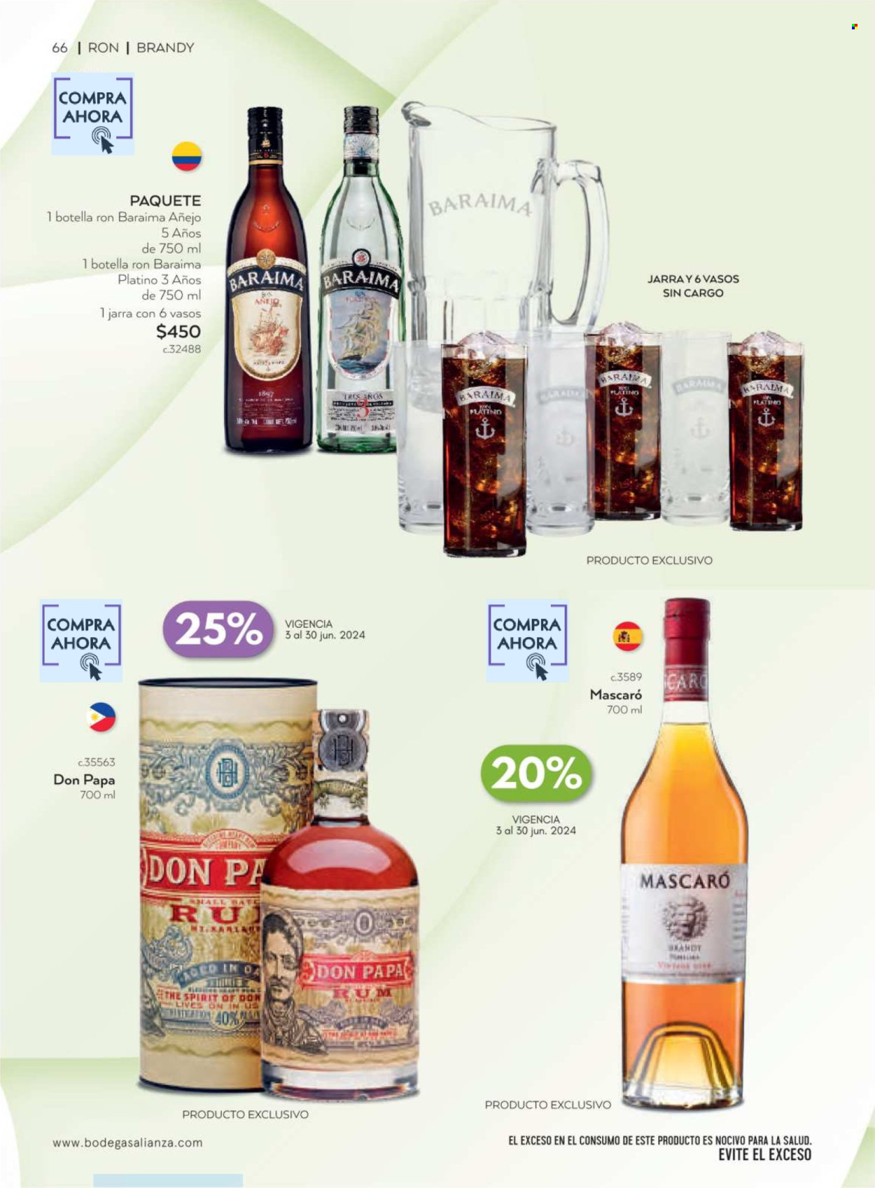 thumbnail - Folleto actual Bodegas Alianza - 1.4.2024 - 30.6.2024 - Ventas - bebida alcohólica, ron, brandy. Página 68.