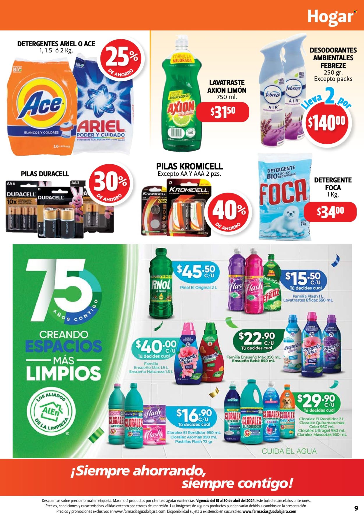 thumbnail - Folleto actual Farmacias Guadalajara - 15.4.2024 - 30.4.2024 - Ventas - Ariel, detergente, desodorante, Duracell, Axion. Página 9.