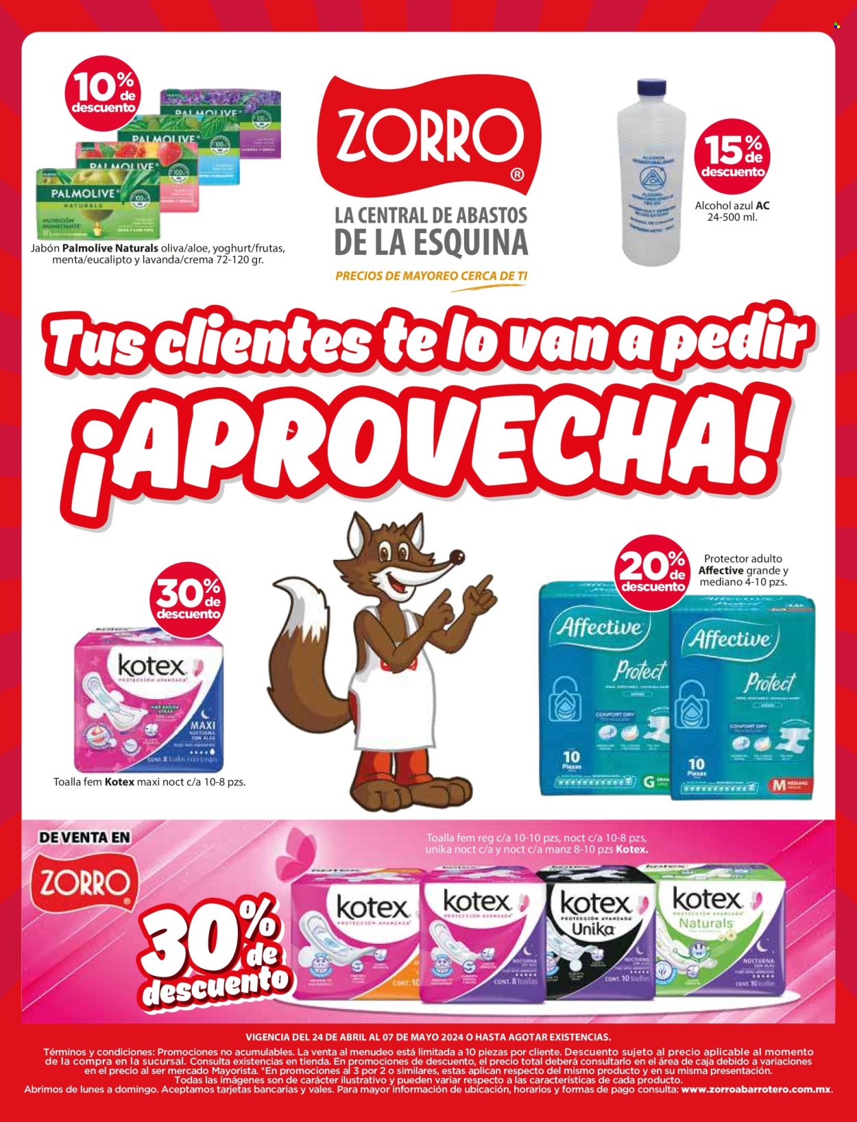 thumbnail - Folleto actual Zorro - 24.4.2024 - 7.5.2024 - Ventas - yogur, menta, jabón, Palmolive, Kotex, crema. Página 23.