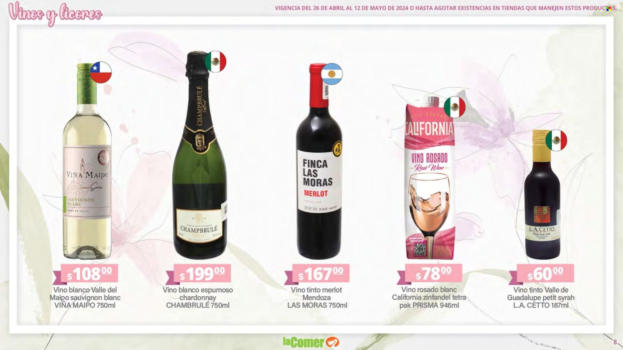 thumbnail - Folleto actual La Comer - 26.4.2024 - 12.5.2024 - Ventas - bebida alcohólica, vino, Chardonnay, Merlot, vino blanco, vino tinto, Sauvignon Blanc, vino rosado, Sauvignon, licor. Página 8.