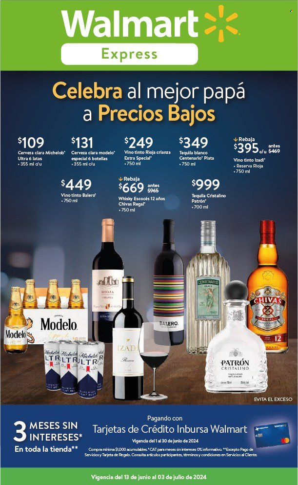 thumbnail - Folleto actual Walmart Express - 13.6.2024 - 3.7.2024 - Ventas - bebida alcohólica, cerveza, vino, vino tinto, Rioja, Crianza, whisky, Scotch Whisky, Chivas Regal, botella. Página 1.